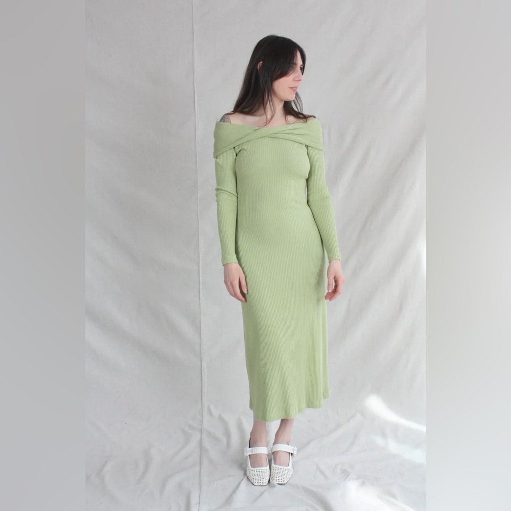 NWT Mara Hoffman Emery Sweater Dress Green Rib Knit Off Shoulder Midi‎ Size XS - Picture 3 of 15